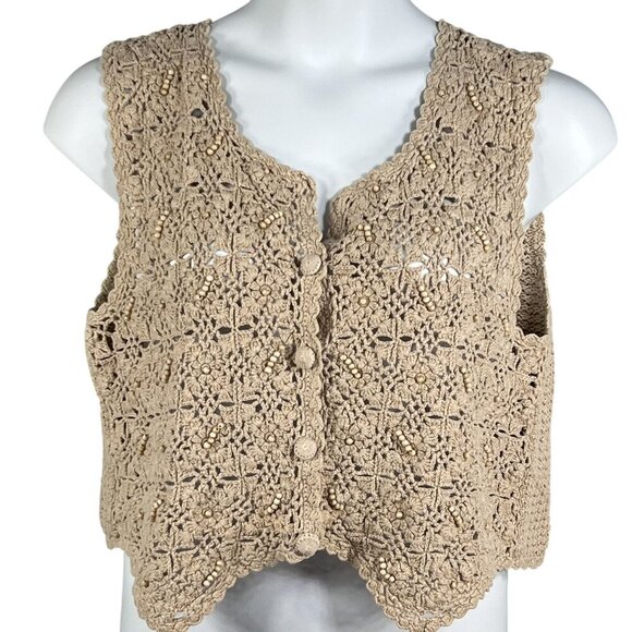 Hunt Club Womans 16W Crochet Beaded Knit Beige Button-Up Vest Cottagecore Top - Picture 4 of 11